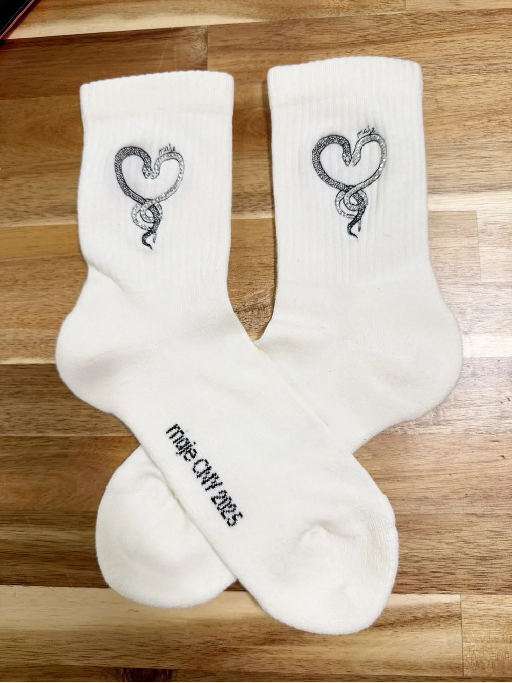 Maje Rhinestone Crystal Heart Snake High Ribbed White Cotton Socks NEW